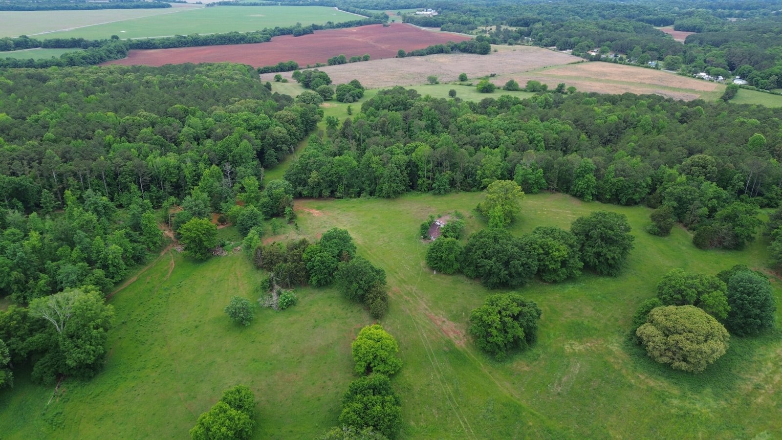Aerial view of open fields bordered by woodland